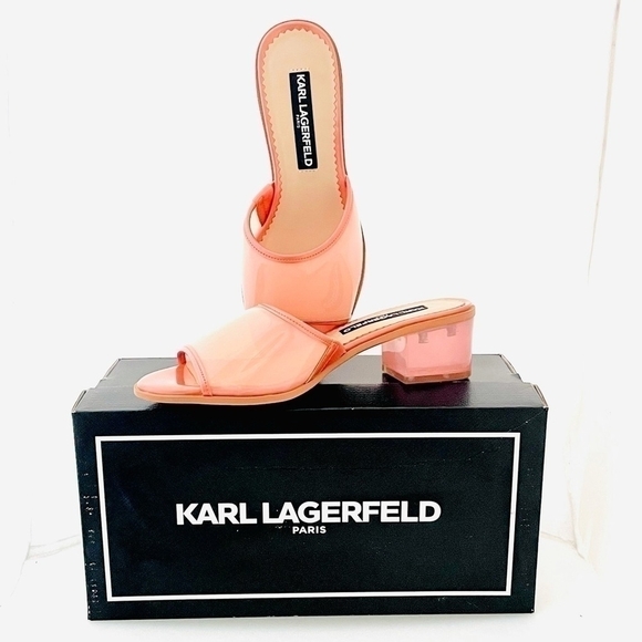 NIB KARL LAGERFELD Paris Coral Transparent Slip-On Block Heel Sandals Size 6 - Picture 7 of 10